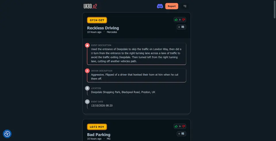 Bad Drivers UK feed showing a reported incident with number plate, description, location and votes