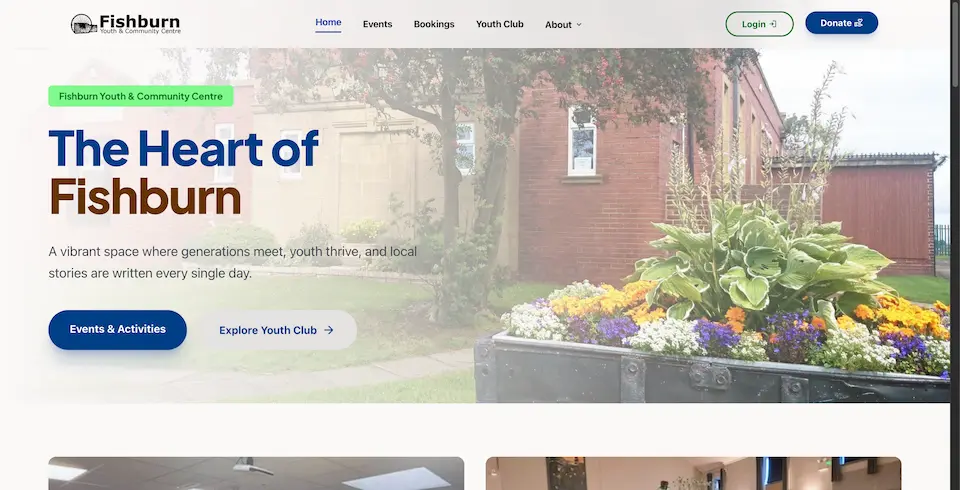 Fishburn Youth & Community Centre homepage with the headline "The Heart of Fishburn" over a photo of the centre