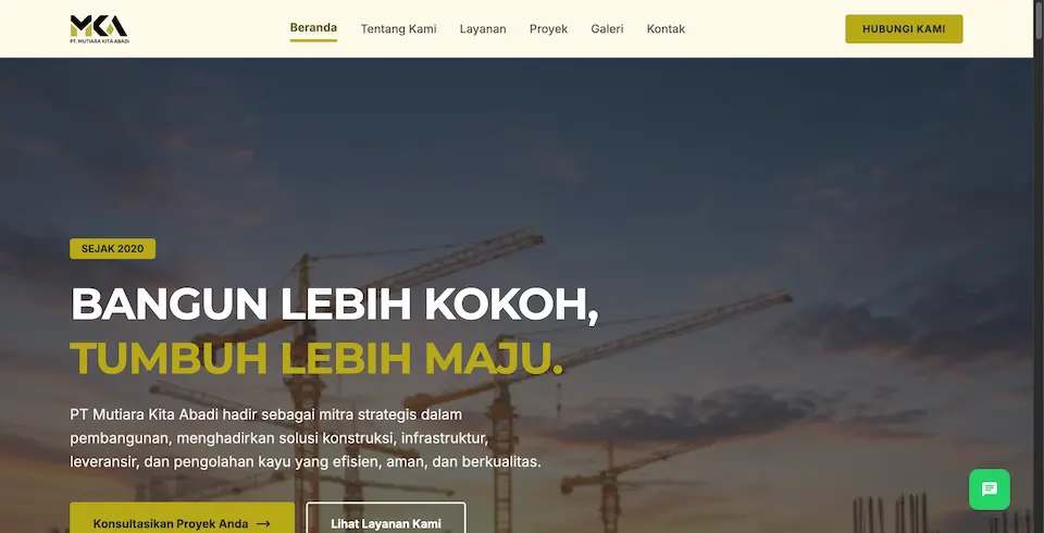 PT Mutiara Kita Abadi homepage with construction cranes at dusk and a call to action