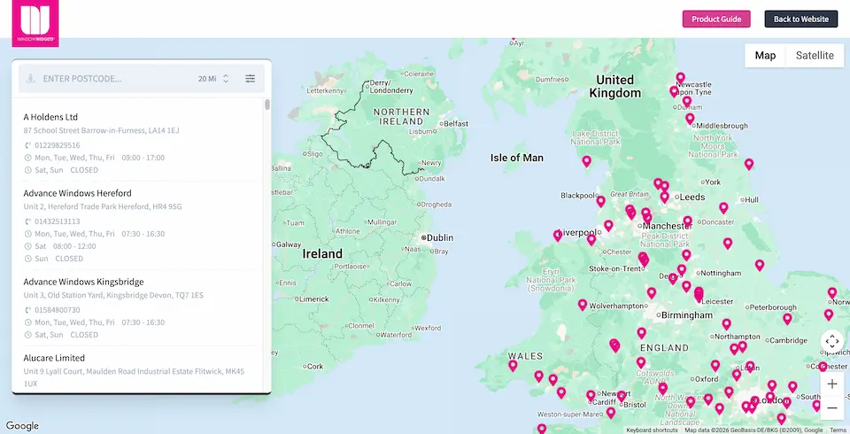 Window Widgets store locator with a postcode search, list of stockists and a map of the UK with pins