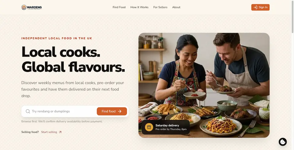 Waroeng homepage with the headline "Local cooks. Global flavours." and a food search box